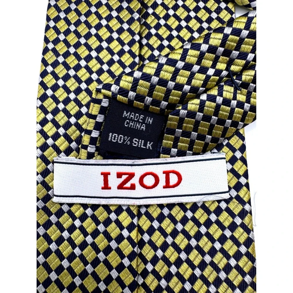 IZOD Mens Silk Necktie Gold Navy Blue Silver Geometric Checkered Woven Tie